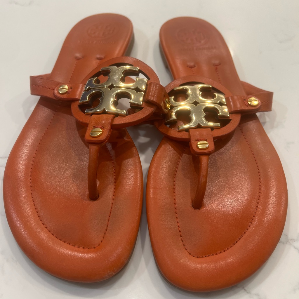 Tory Burch Miller Orange Sandals With Gold Logo Accent